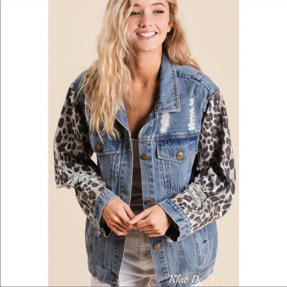 🌺LAST1️⃣🌺New Distressed Denim Jacket Button Down Front & Leopard Print Sleeves - Picture 11 of 11